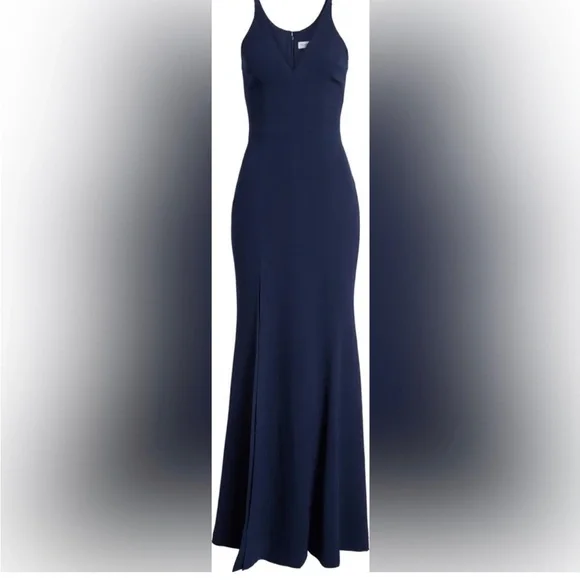 dress the population iris slit crepe gown Dress the Population Iris High-Slit Evening Gown - Cobalt